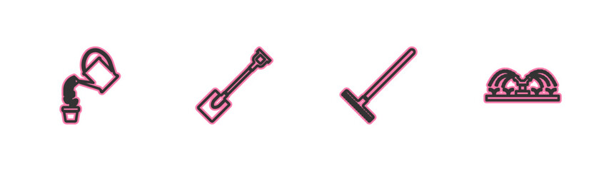 Set line Watering can, Garden rake, shovel and Automatic irrigation sprinklers icon. Vector