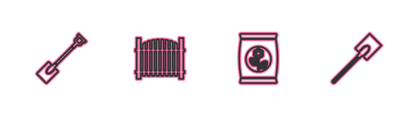 Set line Garden shovel, Fertilizer bag, fence and icon. Vector