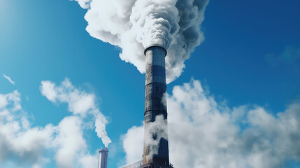 Chimney of a factory with smoke against blue sky. Smokestack, industrial plant, pollution of the environment by harmful emissions into the air. 