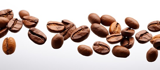 Delicious coffee beans in flight on white background