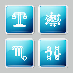Set line Libra zodiac, Milky way spiral galaxy, Scorpio and Pisces icon. Vector