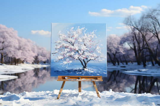 Winter landscape paint on canvas at easel.