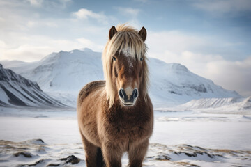 Icelandic horse with a snowy mountain backdrop - obrazy, fototapety, plakaty
