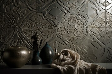 Textured, layered wall tiles with arabesque design. Generative AI