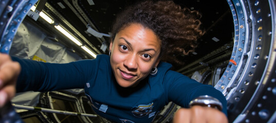 Female astronaut on spaceship in a cabin - Powered by Adobe