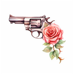 Pistol with rose watercolor painting ilustration - obrazy, fototapety, plakaty