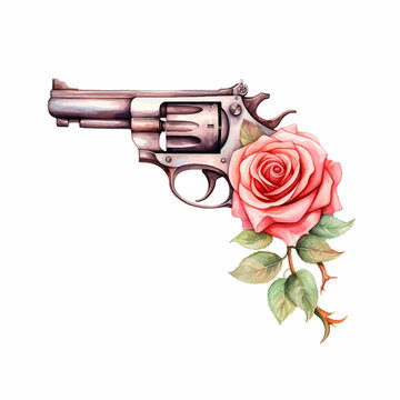 Pistol with rose watercolor painting ilustration