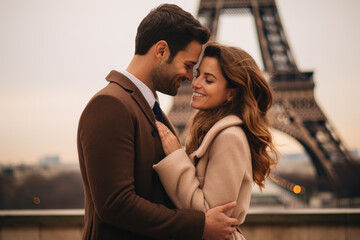 Joyful couple embracing at the Eiffel Tower in Paris