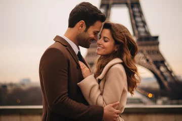 Gordijnen Joyful couple embracing at the Eiffel Tower in Paris © thejokercze