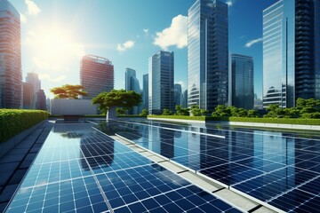 Modern buildings featuring solar panels on the rooftop under a sunny sky. Generative AI