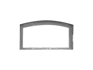 Old small gray arched wooden window frame is isolated on transparent background.