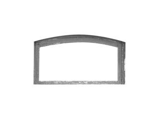 Old small gray arched wooden window frame is isolated on transparent background.