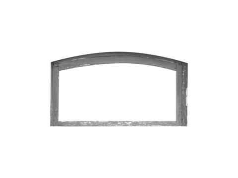 Old small gray arched wooden window frame is isolated on transparent background.