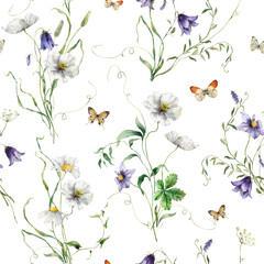 Watercolor meadow flowers seamless pattern of poppies and campanulas. Hand painted floral illustration isolated on white background. For design, print, fabric or background.