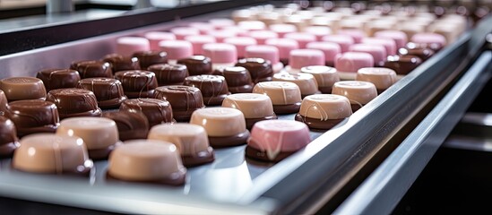 Conveyor belt in chocolate factory processes candy and glazes marzipan