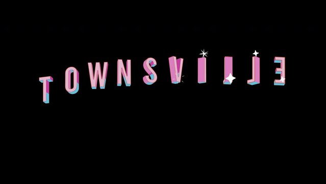 Bright letters jump merrily in the inscription TOWNSVILLE city. Retro. Alpha channel black. Looped from frame 120 to 240, Alpha BW at the end