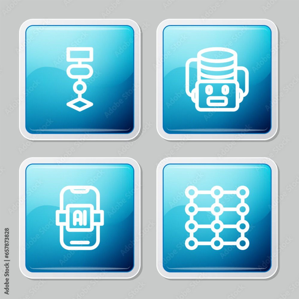 Poster set line algorithm, artificial intelligence robot, ai and neural network icon. vector