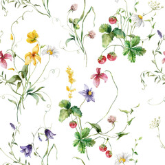 Watercolor meadow flowers seamless pattern of chamomiles, campanulas and leaves. Hand painted floral illustration isolated on white background. For design, print, fabric or background.