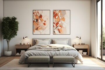 a modern, cozy bedroom with stylish wall art. Generative AI