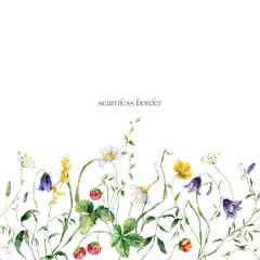 Watercolor meadow flowers seamless border of chamomiles and campanulas. Hand painted floral illustration isolated on white background. For design, print, fabric or background.
