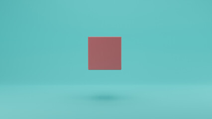 3d rendering of a pink cube on a blue background. Geometric cube, red square, pink pixel. Abstract idea of digital art, NFT technologies.