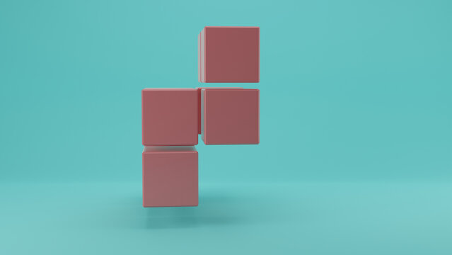 3d rendering of an array of brown cubes on a pale blue background. Abstract composition of a set of geometric objects, bricks. Free structure. A cloud of pixels. NFT picture.