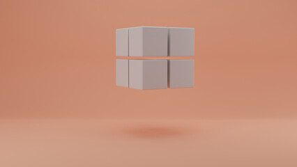 3d rendering of an array of white cubes on a soft pink background. Abstract composition of a set of geometric objects, bricks. Free structure.