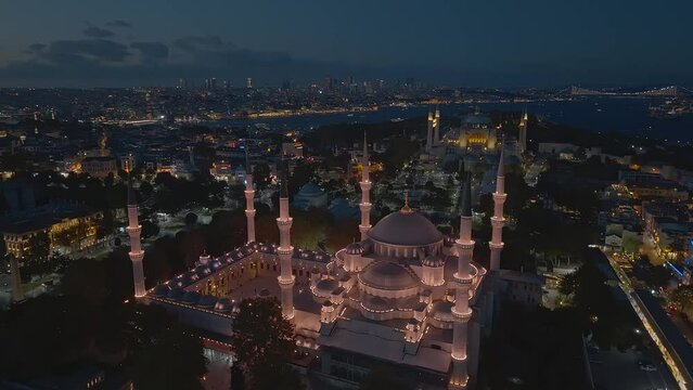 Istanbul Historical Peninsula Hagia Sophia and Sultan Ahmet Grand Mosques Night Aerial View 2