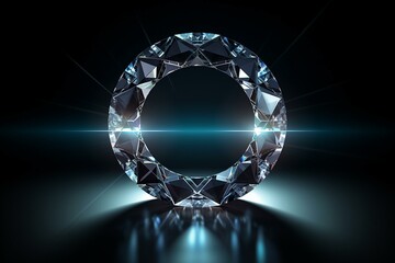 Circular diamond on reflective dark backdrop with illumination and shading effects. Generative AI - obrazy, fototapety, plakaty