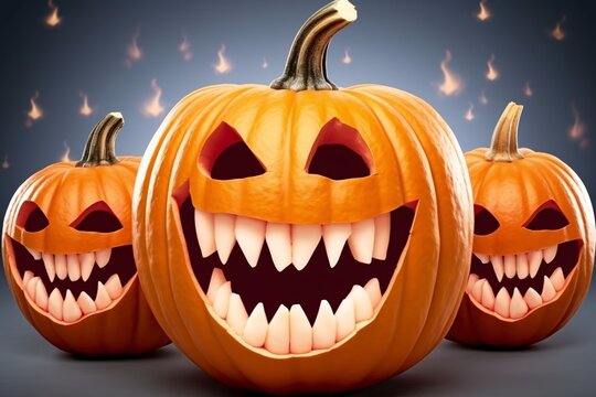 Halloween pumpkins with candles on dark background. Halloween pumpkins with scary faces on grey background. 3d illustration