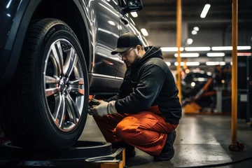 Fototapeten Mechanic changing tires on a vehicle in a professional garage © thejokercze