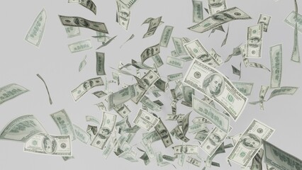 Hundred dollars banknotes fly on black background. money rain concept - obrazy, fototapety, plakaty