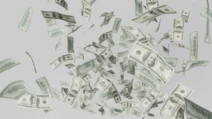 Fotobehang Hundred dollars banknotes fly on black background. money rain concept © Hodofca