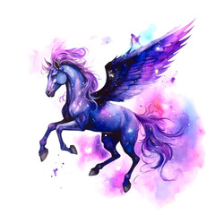 Obraz na płótnie Canvas Purple flying horse watercolor paint ilustration