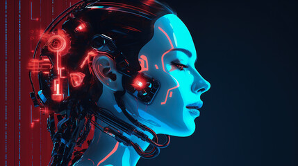 Portrait of futuristic female humanoid robot on black background. Futuristic technology concept. Caracter of video games