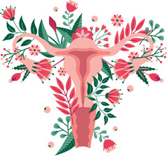 Vector  female reproductive system fantasy with flowers and botanical elements, spring wallpaper, uterus. Isolated design on a white background © Aurore