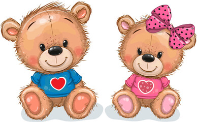 Baby Shower greeting card with Teddy Bears boy and girl. White Background. Vector art.