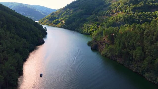 Peaceful Sunset Over Minho River In Belesar, Ribeira Sacra, Galicia, Spain. Aerial Shot