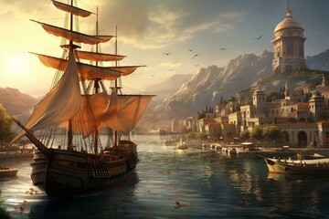 Ancient ship arriving at a historic port. Generative AI - obrazy, fototapety, plakaty