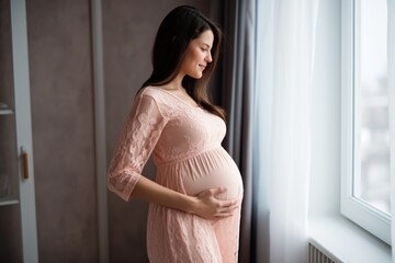 Pleasant pregnant woman posing in profile near window