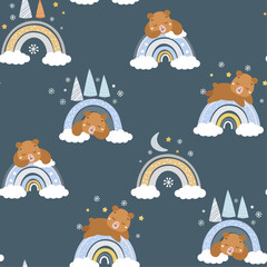 Seamless pattern with bear cubs sleeping on a rainbow, snowdrift, den. Winter forest in abstract baby print. Vector graphics.