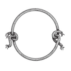 Hand drawn circle rope frame with free style nodes. Sketch nautical design element. Best for marine and western designs. Vector illustration isolated on white.