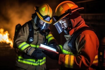 two firefighters in fire fighting operation center