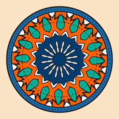 Round decorative composition with ethnic blue-orange ornament. There are dotted lines. Vector illustration