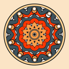 
Round decorative composition with ethnic ornament. The palette is dominated by blue and orange. Vector illustration