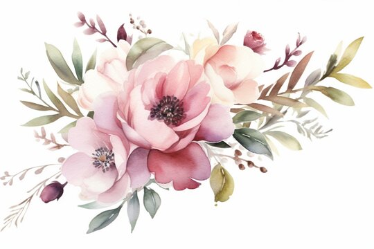 Floral arrangement with watercolor painted blooms and leaves. Ideal for invitations, fashion, and wallpaper. Generative AI