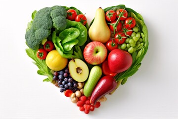 Heart made of fresh fruits and vegetables on white wooden background, top view