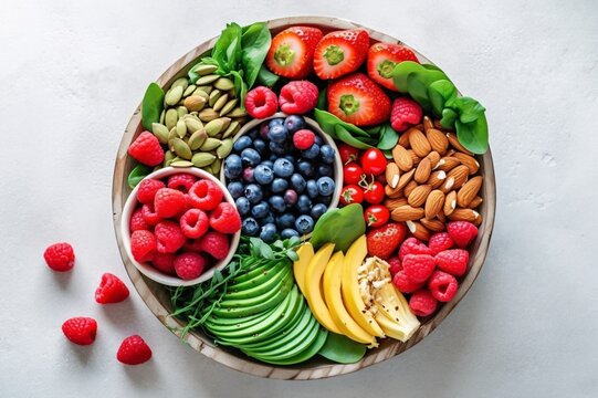 Plate With Fresh Fruits And Vegetables On Color Background, Top View. Plate With Fresh Fruits And Vegetables On Color Background