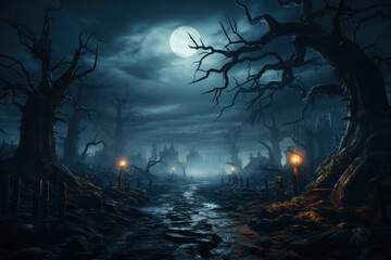 A spooky, moonlit graveyard with gnarled trees and fog, setting the eerie tone for Halloween. Generative Ai.