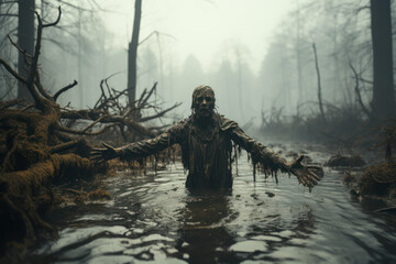 A zombie emerging from a misty swamp, its decaying flesh and outstretched arms creating a chilling scene. Generative Ai. - Powered by Adobe